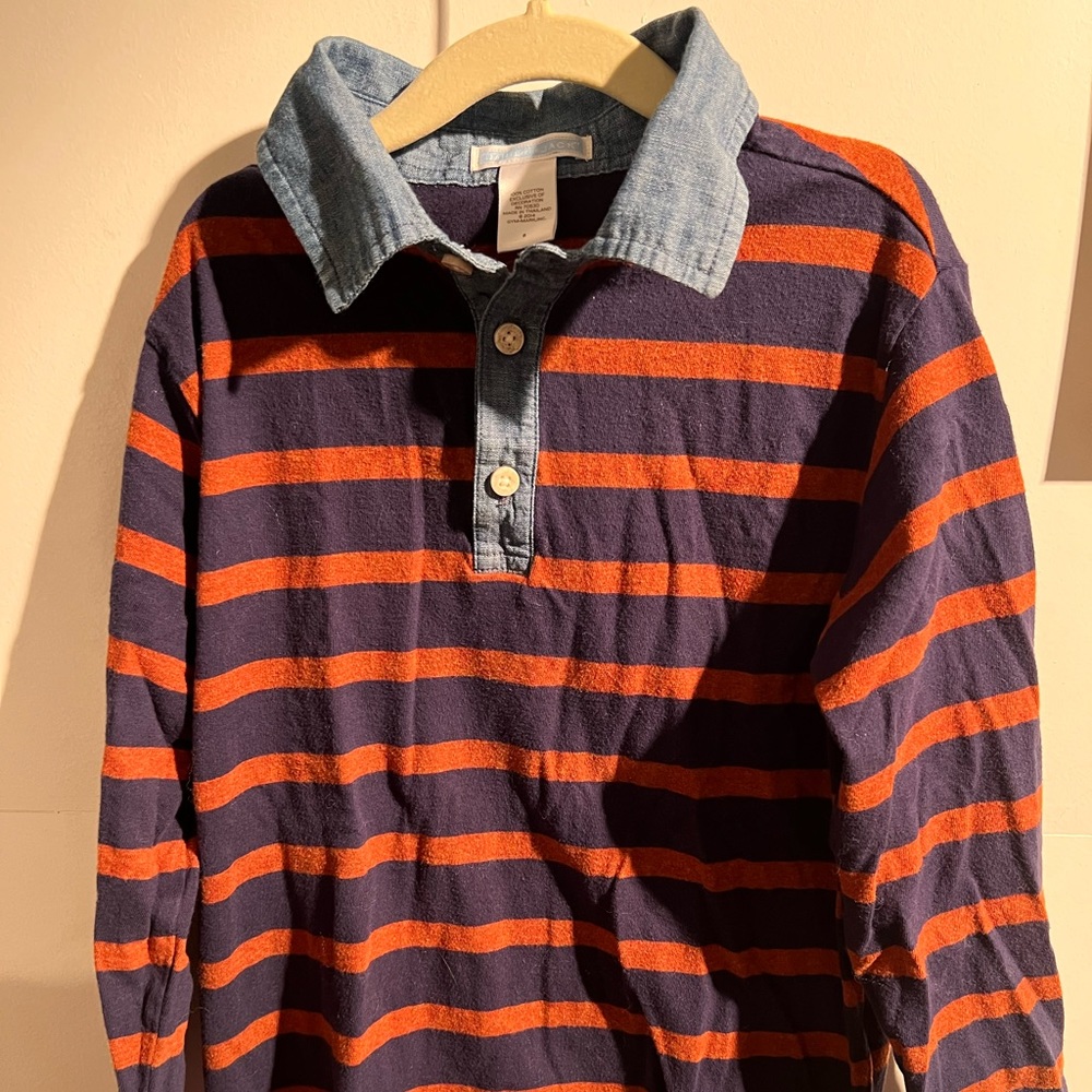 long sleeve polo size 8 burnt orange and navy blue with denim collar